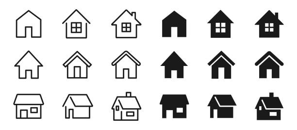 House objects, simple home icons, housing and real estate solid color and line drawing vector illustration set on white background