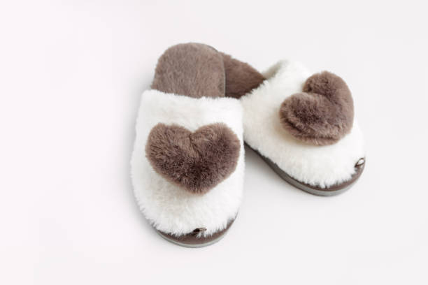 istock Cozy warm fury slippers on the white background. Empty place for text.  Close up view 2151079792