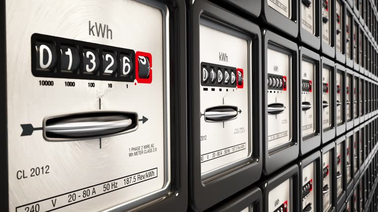 Array of Analog Electric Meters Monitoring Consumption in a Commercial Building. 3D 4K Resolution Animation