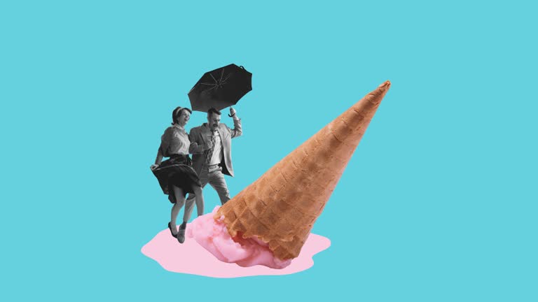Stop motion. Animation. Beautiful couple with umbrella jumping over melted ice cream isolated over blue background