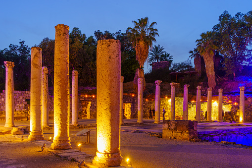Bet-Shean, Israel - April 24, 2024: Evening view of the ruins of the ancient Roman-Byzantine city of Bet Shean (Nysa-Scythopolis), now a National Park, with visitors. Northern Israel