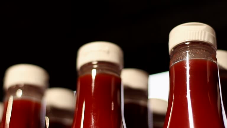 Row of Bottles with Tomato Sauce on Store Shelf. Plastic Packaging of Red Spicy ketchup in a Grocery Store. Close up