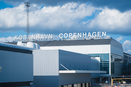 Copenhagen, Denmark - April 7, 2024: Copenhagen airport outdoor view. Largest airport in the Nordic countries.