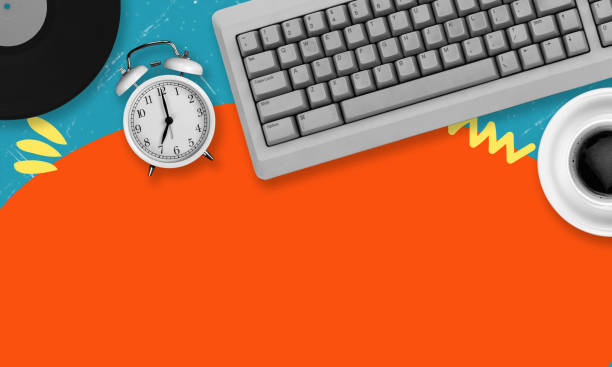 Wireless keyboard, cup of coffee, alarm clock. Designer's workplace. Modern art collage, art collage.