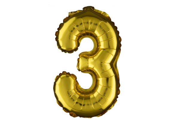 istock Helium golden balloon number three 3. Isolated on white. 2151086663