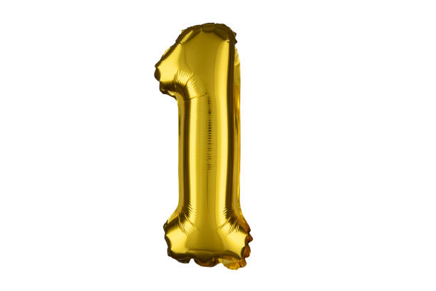 istock Helium golden balloon number one 1. Isolated on white. 2151086718