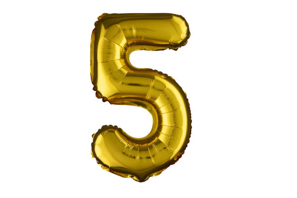 istock Helium golden balloon number five 5. Isolated on white. 2151086818