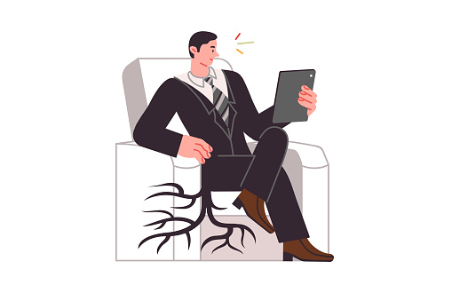 Business man with sedentary lifestyle runs risk developing osteochondrosis and problems with spine. Manager uses gadget taking root through chairs due to long lack of movement and sedentary lifestyle.
