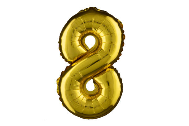 istock Helium gold balloon number eight 8. Isolated on white. 2151089203