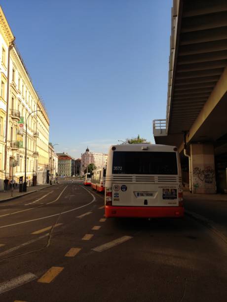 Prague, Czech republic - May 2, 2024: red and white bus district Florenc. High quality photo