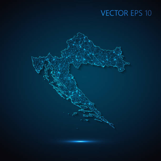 bildbanksillustrationer, clip art samt tecknat material och ikoner med croatia map created from lines and bright points in the form of starry sky with polygonal wireframe mesh and connected lines on dark blue background - kroatien