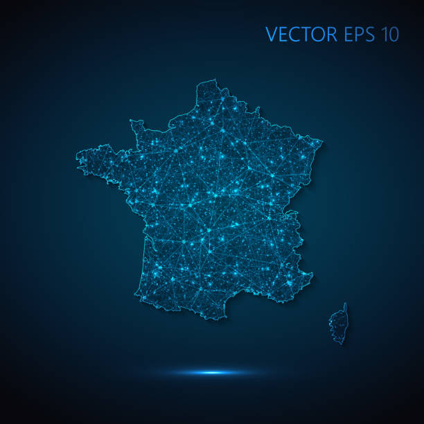 illustrations, cliparts, dessins animés et icônes de carte de france créée à partir de lignes et de points lumineux sous la forme d’un ciel étoilé avec un maillage filaire polygonal et des lignes connectées sur fond bleu foncé - carte-france