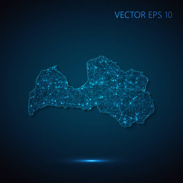 istock Latvia map created from lines and bright points in the form of starry sky with polygonal wireframe mesh and connected lines on dark blue background 2151090790