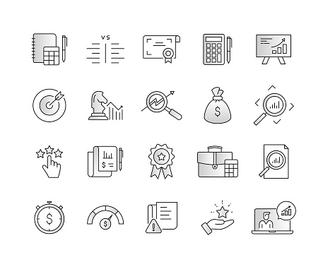 Assessments Gradient Filled Line Icon Set contains such icons as Audit, Financial Statements, Risk Assessment, Tax Compliance, Credit Score, and so on. Editable Stroke, Customizable Stroke Width, and Adjustable Colors.