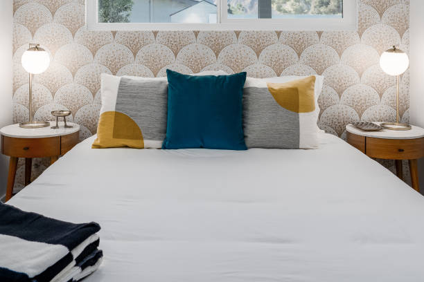 Modern bedroom with scale mosaic tile wallpaper