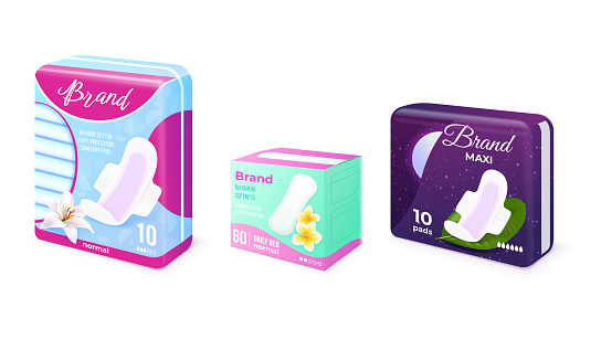 Feminine pads pack. Realistic sanitary pads packaging box advertising mockup, woman pad with wings clean cotton napkin women hygiene product female brand, exact vector illustration of pack hygiene