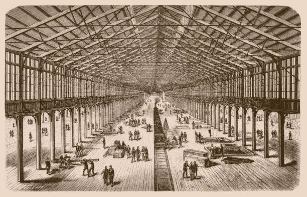 Interior view of the machine hall. World's Fair in Philadelphia 1876 Interior view of the machine hall. World's Fair in Philadelphia 1876 philadelphia aerial stock illustrations