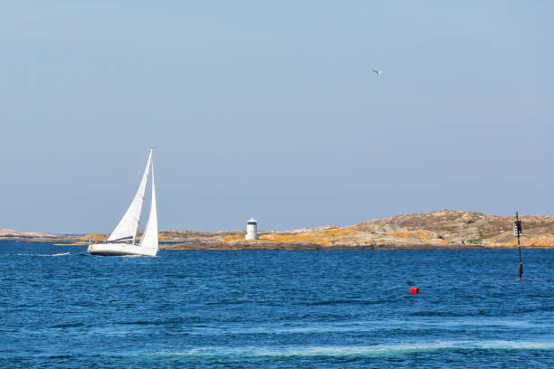 Sailing with catamaran on open sea in late afternoon.