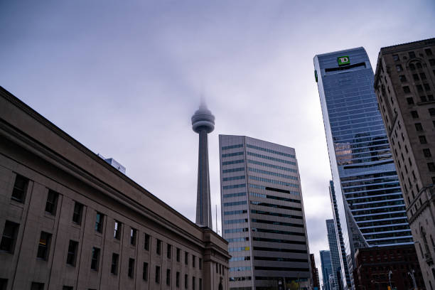 View of the CN Tower from Toronto Downtown. Toronto, Canada - April 29, 2024.