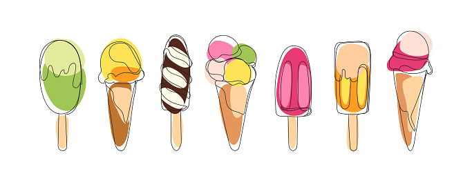 Ice cream continuous line drawing with colored elements. Dessert gelato in simple style. Different type ice cream summer set. Hand drawn minimalist style vector illustration