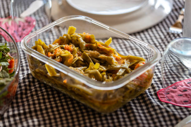 Cooked fresh green beans on the dining table