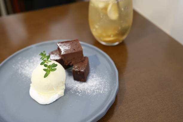 istock Fresh chocolate cake with vanilla ice cream. 2151102640