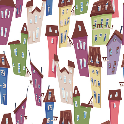 A vibrant illustration of a seamless pattern featuring colorful houses in a cartoon style, perfect for creating a playful and artistic design for products. Cute city.