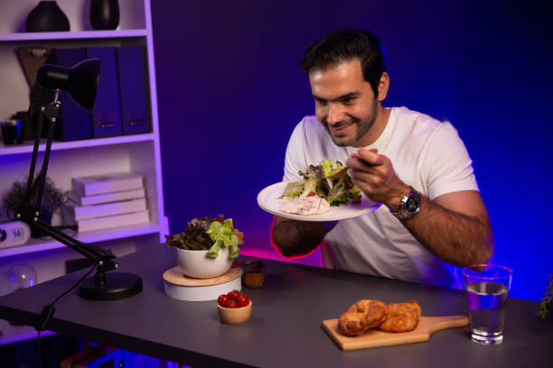 istock Healthy influencer in host channel taste chicken meat. Surmise. 2151107621