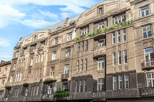 Lviv, Ukraine - November 2, 2023: The former Bard house on 4 Slovatskoho Street in Lviv by architect and constructor Jozef Awin in 1912-1913, Ukraine. One of the impressive monuments of Lviv post-Secession architecture