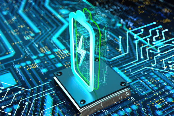 istock Digital Battery Hologram on High-Tech Motherboard 2151113293