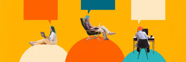 istock Banner. Contemporary artwork. Community collage. Young people communicate while using laptop for online meeting at co-working space. 2151113690