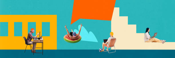 istock Banner. Contemporary artwork. Community collage. Four persons, each in unique setting, symbolize adaptability and diversity of modern creative workspaces. 2151113699