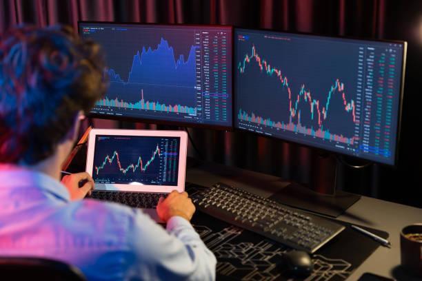 istock Investor stock trader searching on laptop compare dynamic exchange rate. Gusher. 2151113830