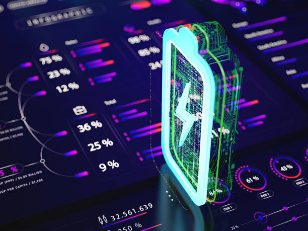 istock Blue Digital Battery Sign and Futuristic HUD with Big Data 2151114007