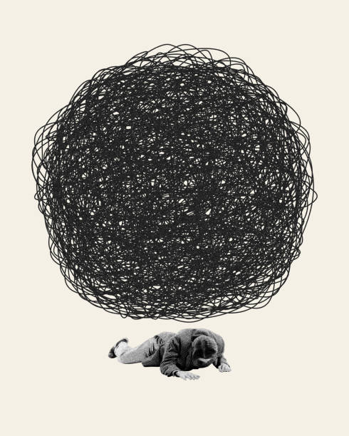 istock Man lying under tangled sphere symbolizing chaotic and intrusive thoughts that influence of consciousness. Contemporary art collage. 2151115097
