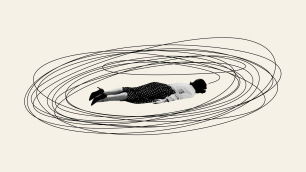 Pressures and societal expectations. Woman lying on floor with drawn strings forming circle around her. Contemporary art collage.