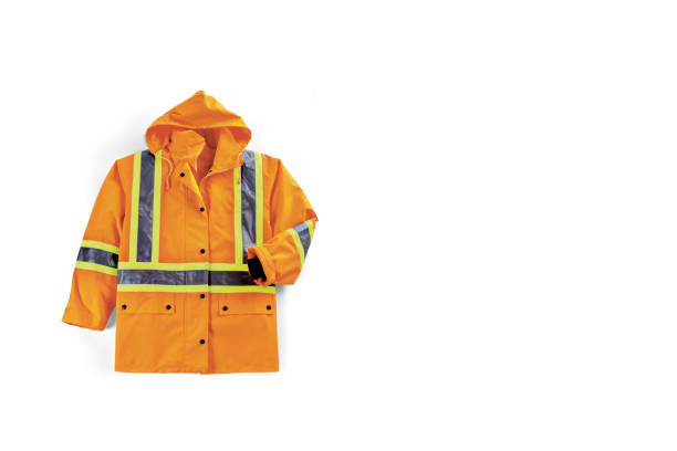 istock Safety orange work jacket with reflective yellow and black tapes on it 2151115613