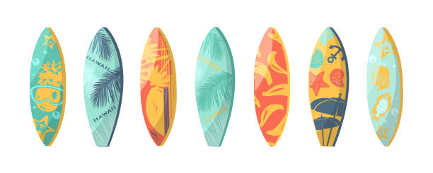 istock The concept of a summer exotic holiday in a flat style. Surfboards with summer exotic ornaments on an isolated background. Stylish tropical vector set. 2151117175