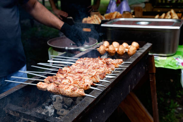 Tasty shish kebab cooking process. Grilled meat