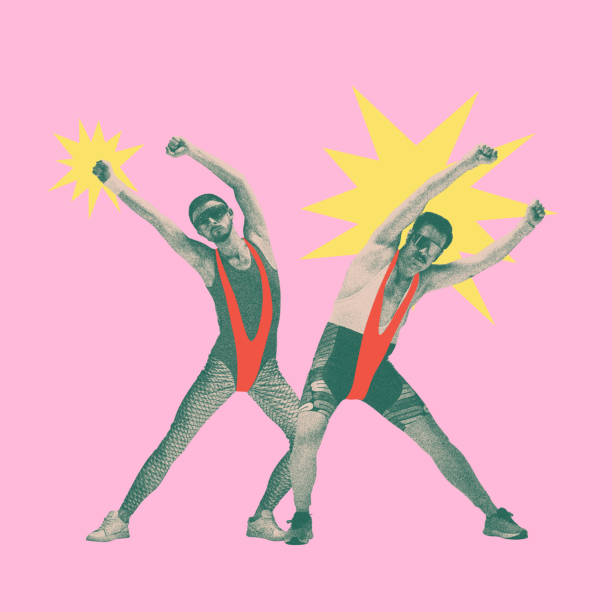 istock Two man in retro style sportswear dancing, training against pink background with abstract design elements. Contemporary art collage. 2151118136