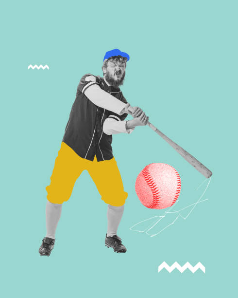 istock Focused young man, baseball player hitting ball with bat against mint background. Contemporary art collage. 2151118138