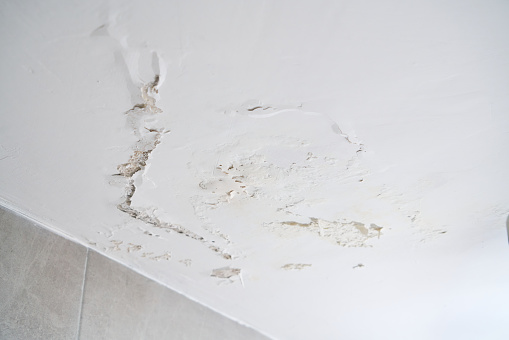 White wall and ceiling affected with mold and saltpeter in room