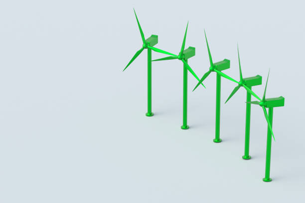 Row of wind generators on gray background. Clean ecological power energy concept. Windmill energy farm. Modern alternative renewable technology. Copy space. 3d render