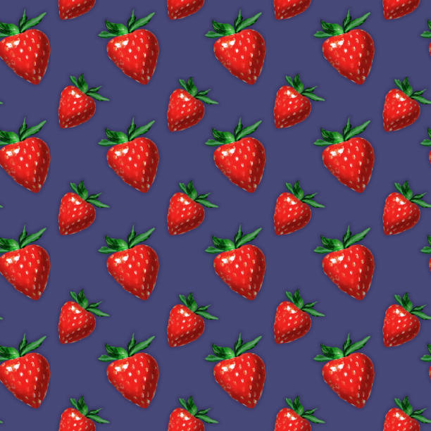 istock Cute strawberries seamless pattern on a dark blue background in the style of watercolor 2151122749