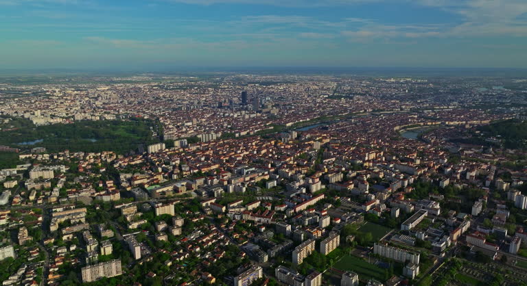 Aerial view of historic city Lyon. Landscape panorama of Lyon at sunset, France
