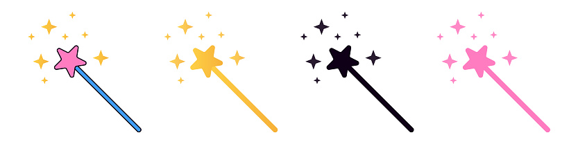 Magic wand icon. Gold pink black and colored magic stick with star vector