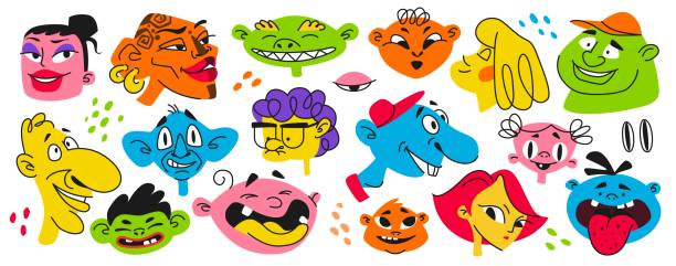 Quirky characters. Scribble crazy avatars, doodle hand drawn ugly kids, funny bizarre man and woman. Party decorative retro stickers, happy bright mascots, Vector psychedelic cartoon portraits set