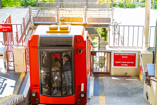 Brunate, Italy, Europe - May, 2023. Carriage on the funicular railway to Brunate on the banks of Lake Como. Brunate, Como Province, Italy, Europe.