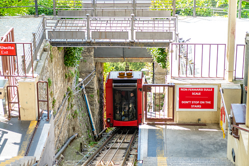 Brunate, Italy, Europe - May, 2023. Carriage on the funicular railway to Brunate on the banks of Lake Como. Brunate, Como Province, Italy, Europe.