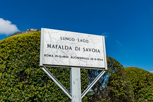 Sign near the Volta Temple dedicated to the scientist Alessandro Volta who invented the electrical battery in Como town in the Lombardy region of Italy Europe.
